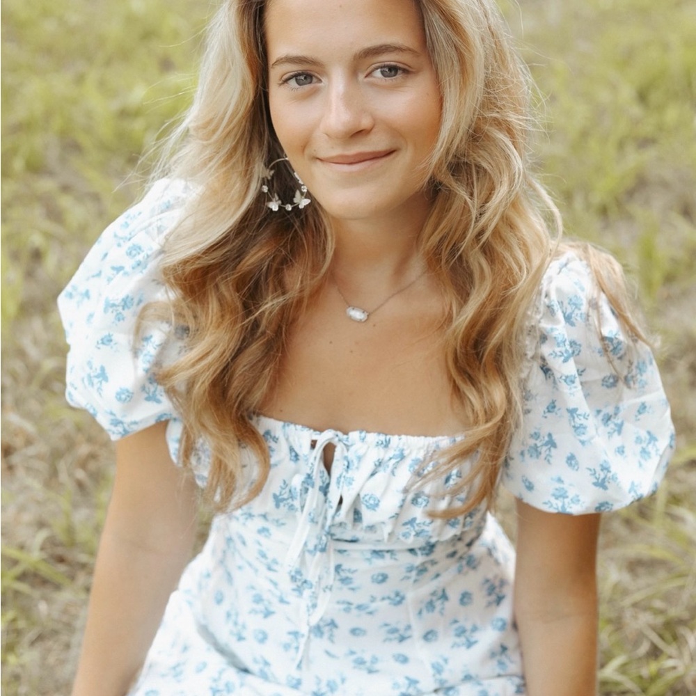 White Floral Off-Shoulder Maxi Dress with Blue Print